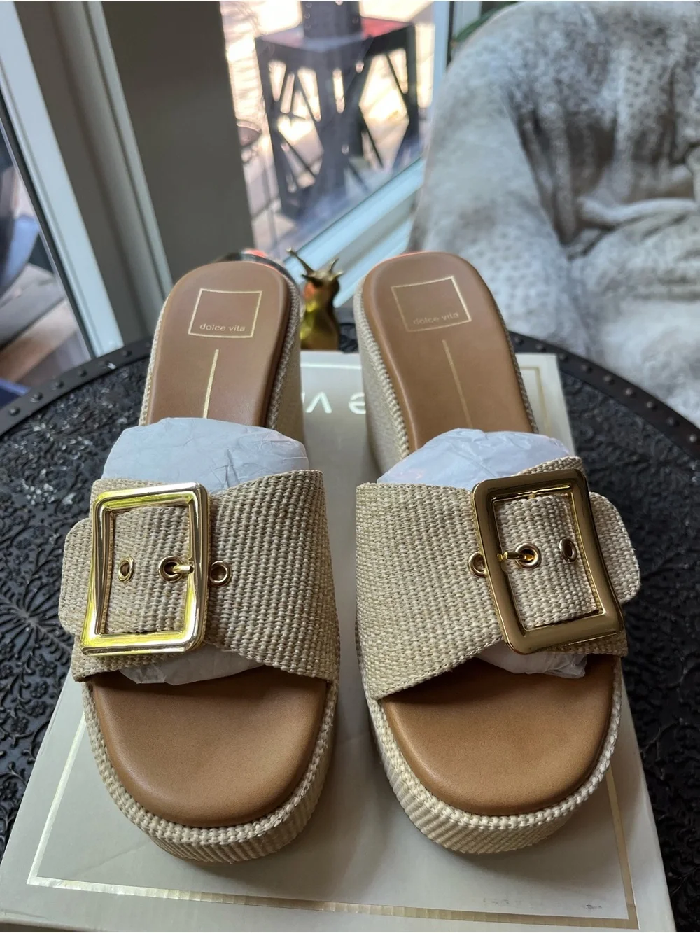 DOLCE VITA JILLIAN WEDGE SANDALS LT NATURAL RAFFIA 9